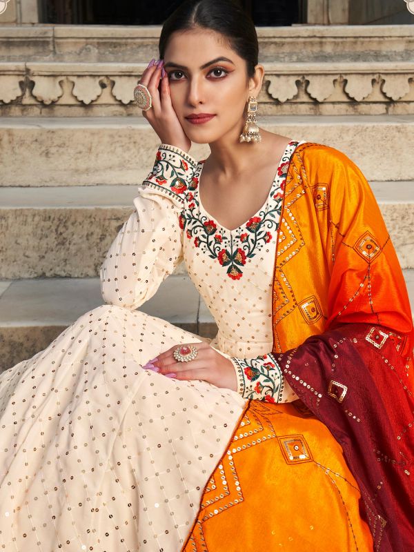 Cream Sequins Embroidered Anarkali Suit