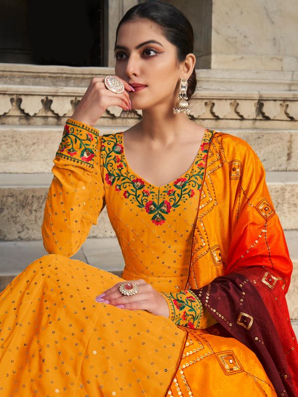 Orange Festive Embroidered Anarkali Salwar Kameez