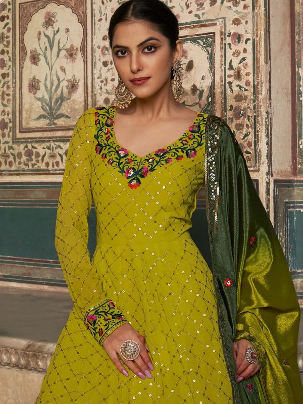 Green Long Anarkali Suit With Embroidery
