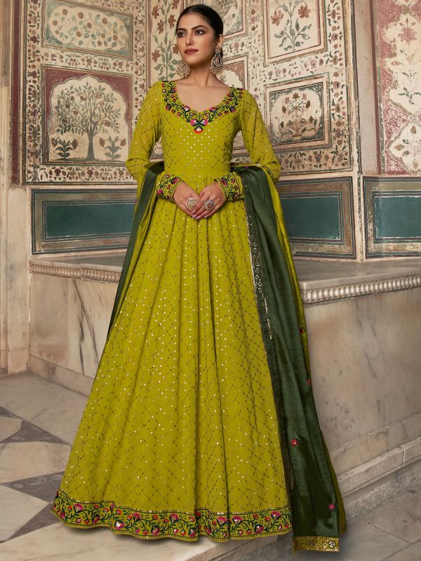 Green Long Anarkali Suit With Embroidery