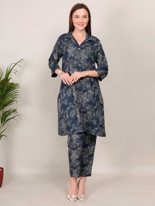 Blue Casual Co-Ord Set In Floral Print