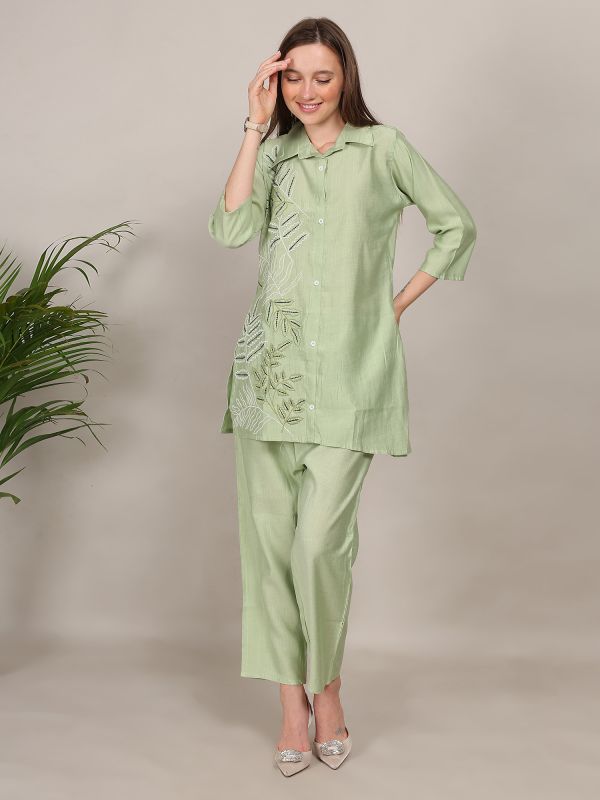 Pista Green Thread Work Silk Co-Ord Set