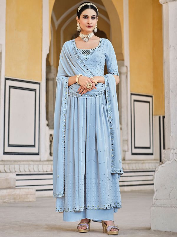 Blue Palazzo Suit With Mirror Work