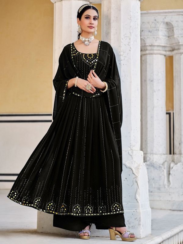 Black Embroidered Anarkali Suit In Georgette