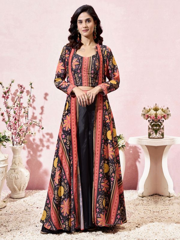 Multicolor Women's Dress With Full Sleeved Shrug