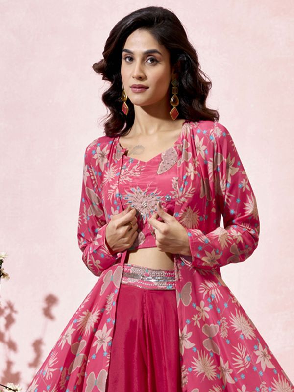 Pink Party Wear Dress With Shrug In Print