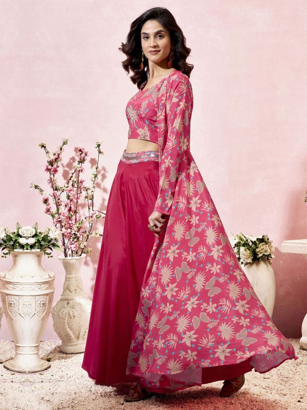 Pink Party Wear Dress With Shrug In Print