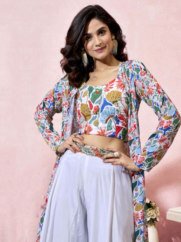 Multicolor Printed Dress With Palazzo & Shrug