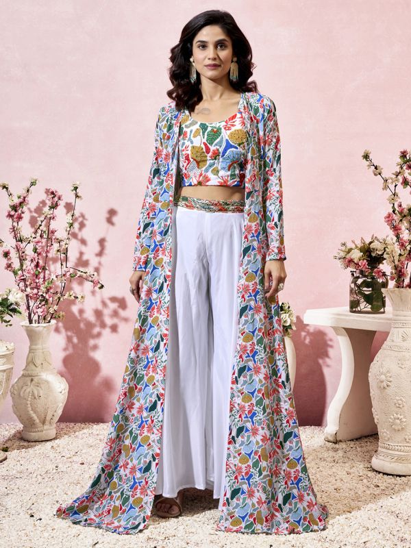 Multicolor Printed Dress With Palazzo & Shrug