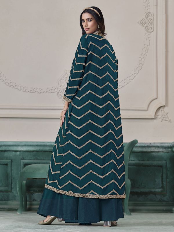 Teal Blue Women's Dress With Shrug In Silk