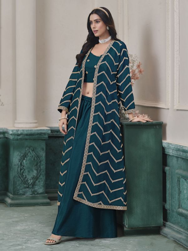 Teal Blue Women's Dress With Shrug In Silk