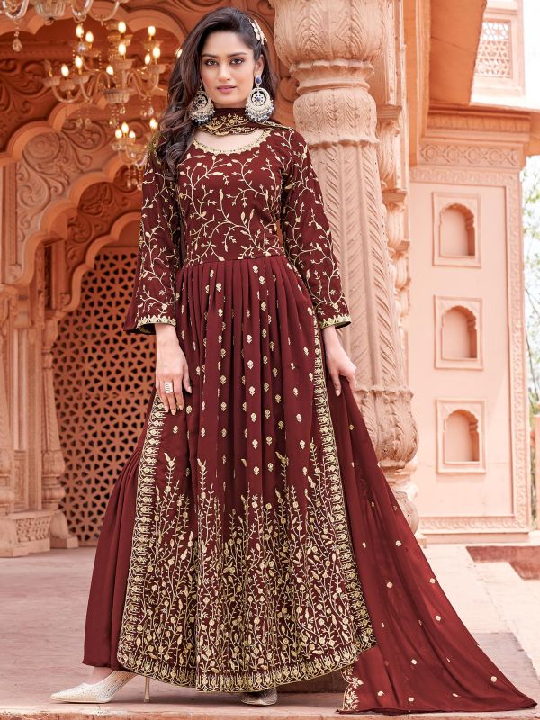 Brown Thread Embroidered Sharara Style Salwar Suit