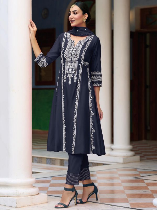 Blue Embroidered Pant Style Suit In Art Silk