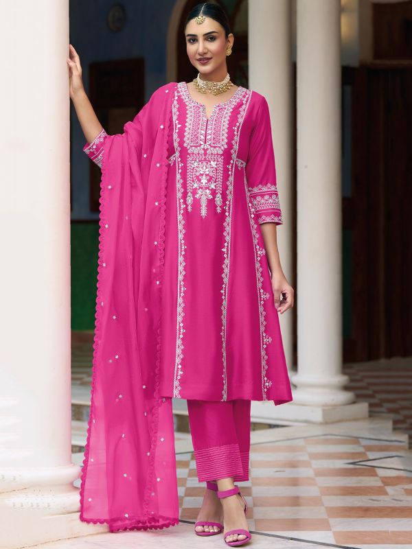 Pink Embroidered Festive Pant Suit In Silk