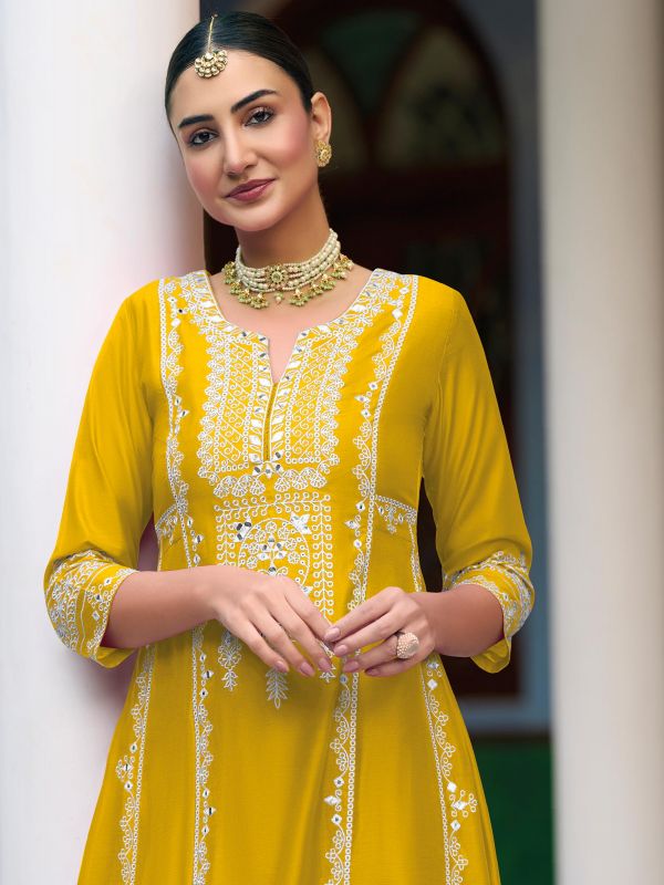 Yellow Embroidered Pant Style Suit In Art Silk