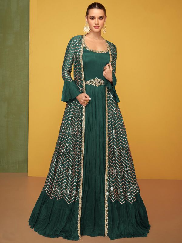Green Jacket Style Anarkali Salwar Suit In Silk