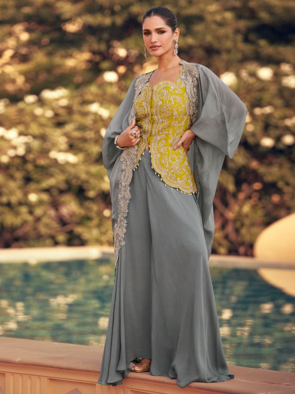 Grey Mirror Work Embroidered Dress For Womens