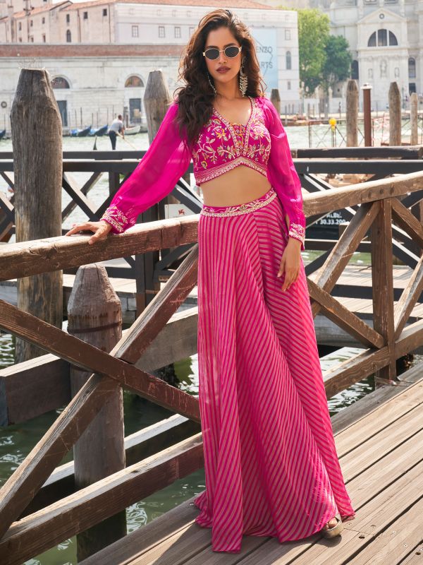 Pink Full Sleeved Embroidered Top With Palazzo