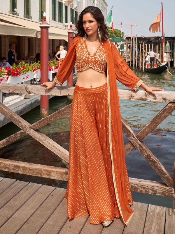 Orange Mirror Work Embellished Silk Dress