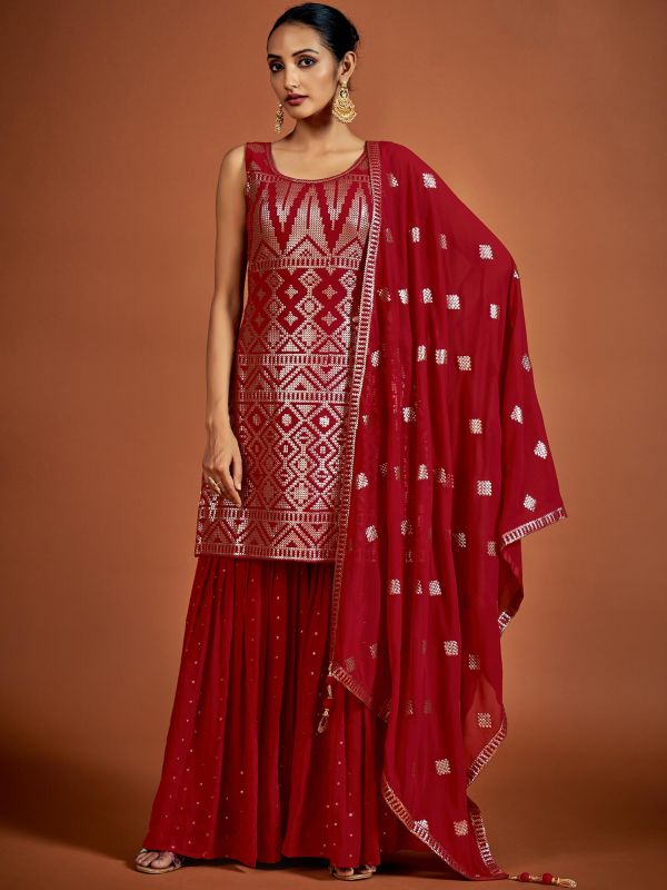 Red Festive Pakistani Suit With Sequins Embroidery
