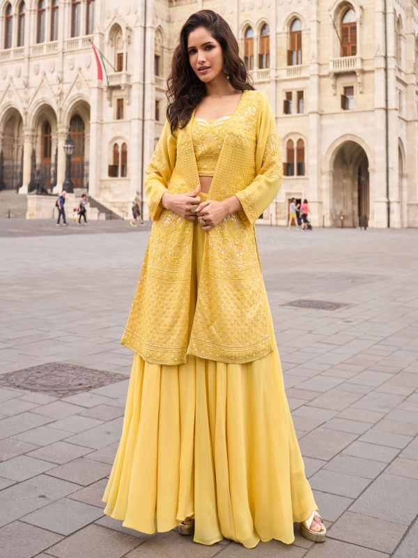 Yellow Women's Jacket Style Dress In Georgette