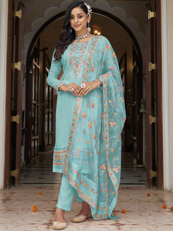 Blue Straight Cut Pant Suit With Embroidery