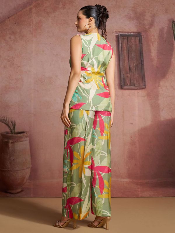 Green Printed Co-Ord Set In Muslin Silk