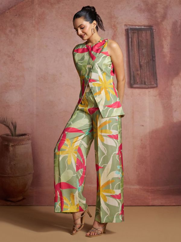 Green Printed Co-Ord Set In Muslin Silk