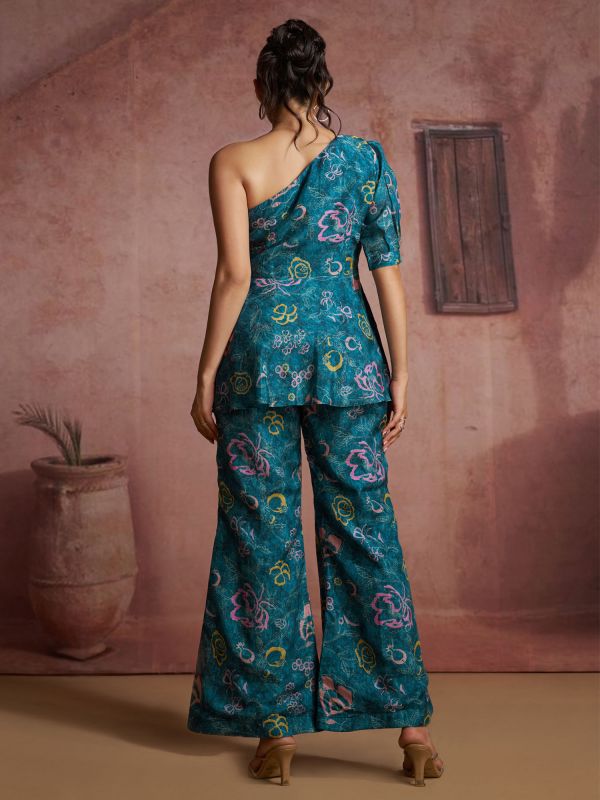 Blue One Hand Stylish Top & Pant In Print