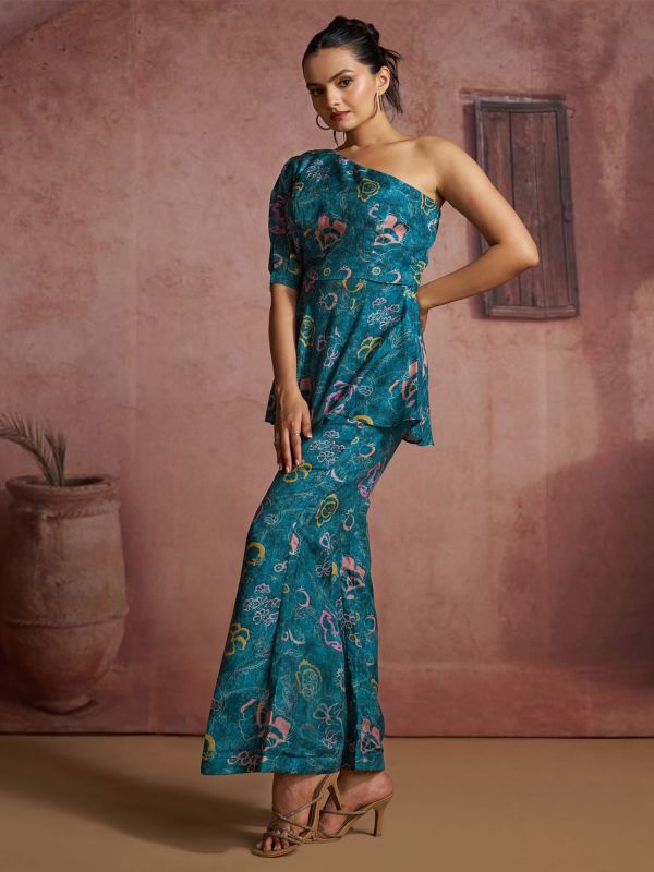 Blue One Hand Stylish Top & Pant In Print