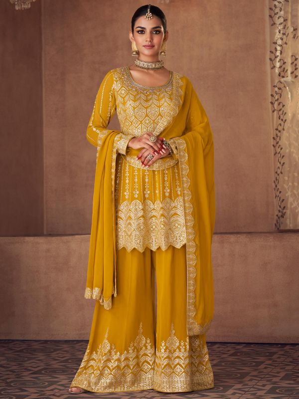 Yellow Sequins Embroidered Palazzo Style Suit