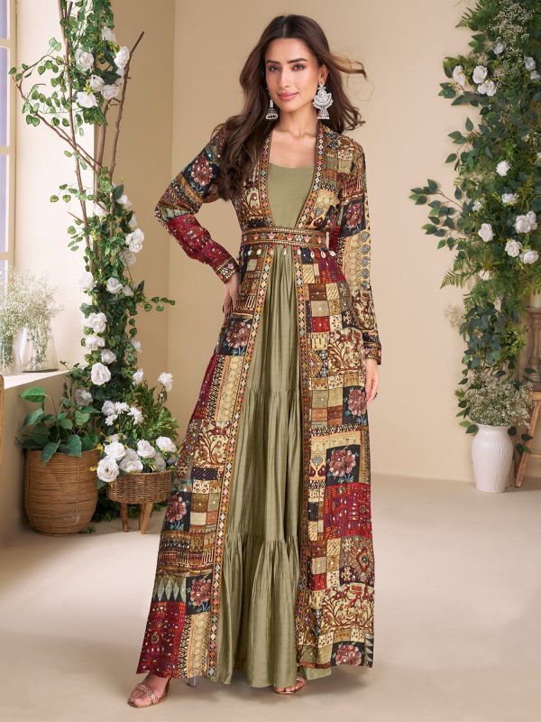 Green Ruffle Style Gown With Shrug In Georgette