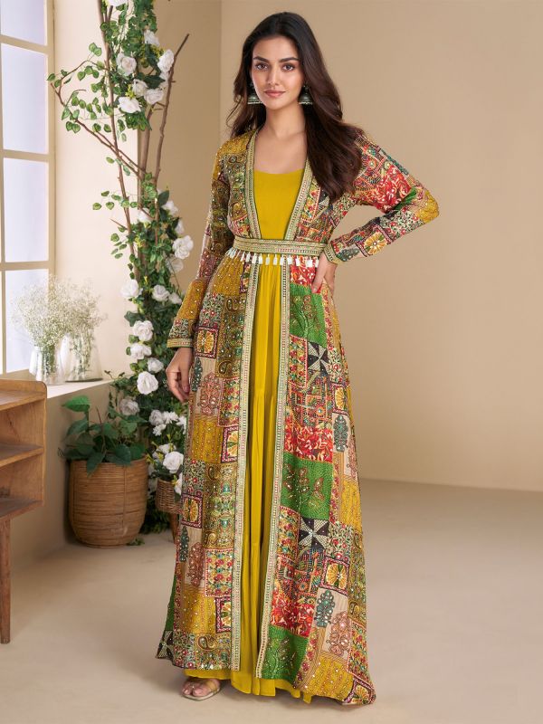 Yellow Georgette Gown With Embroidered Shrug