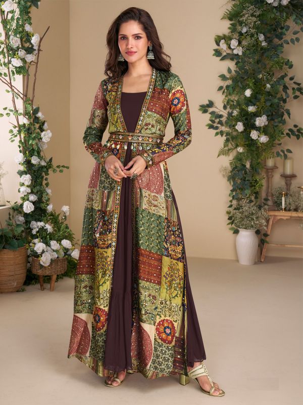 Dark Brown Party Wear Gown With Shrug In Print