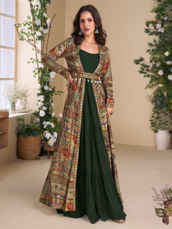 Green Mirror Work Gown In Georgette With Shrug