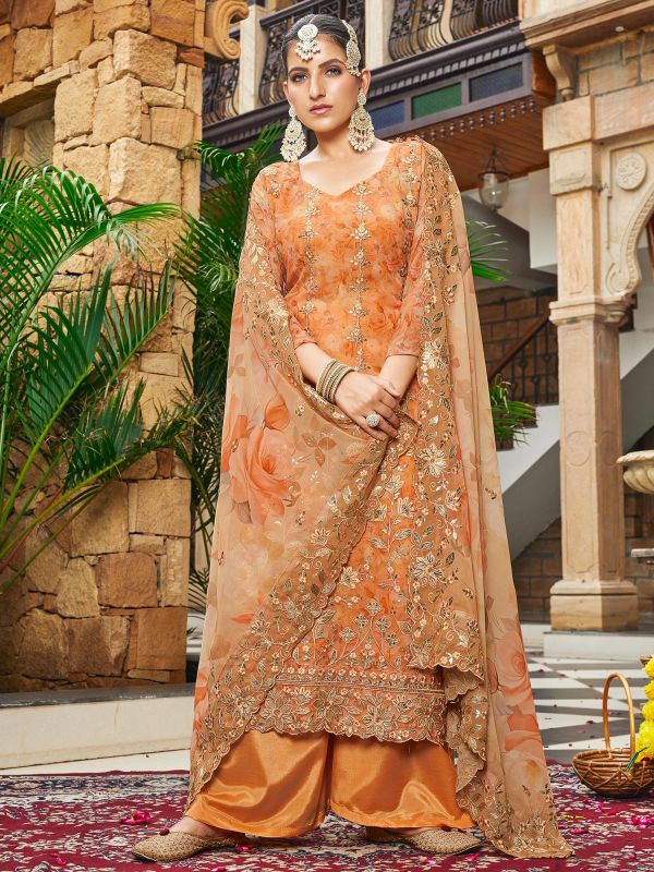 Orange Printed Palazzo Style Suit In Georgette