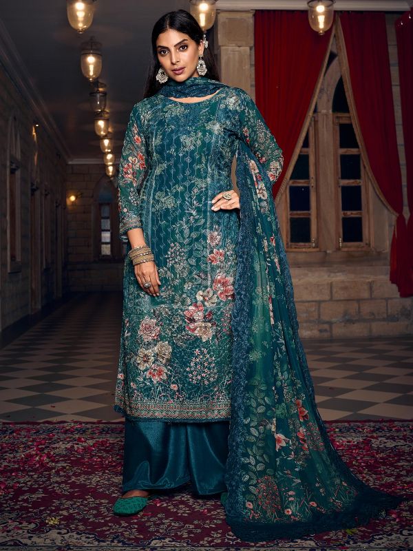 Blue Embroidered Palazzo Style Suit In Georgette