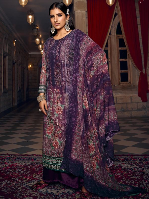 Purple Thread Embroidered Palazzo Style Suit