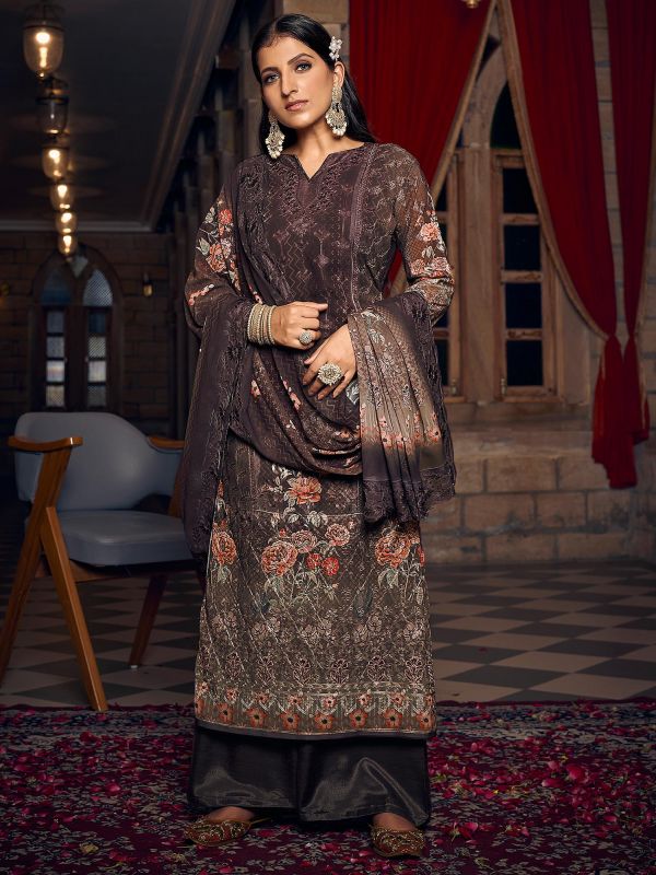 Brown Printed Palazzo Style Suit With Dupatta