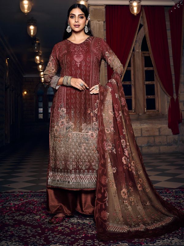 Red Embroidered Palazzo Style Suit In Georgette