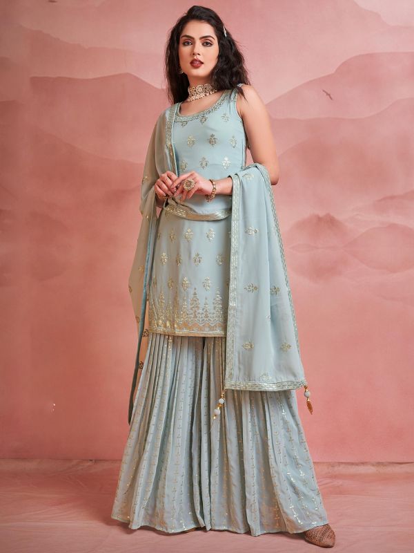 Blue Embroidered Sharara Style Suit In Georgette