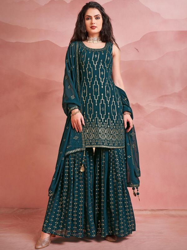 Green Pakistani Style Suit With Sequins Embroidery