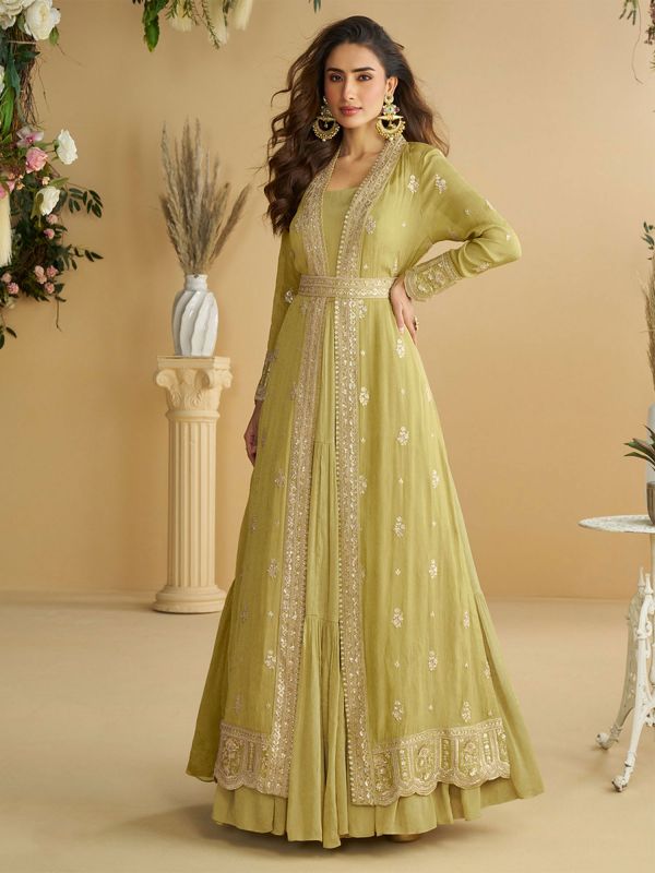 Green Sequins Work Augmented Gown With Shrug