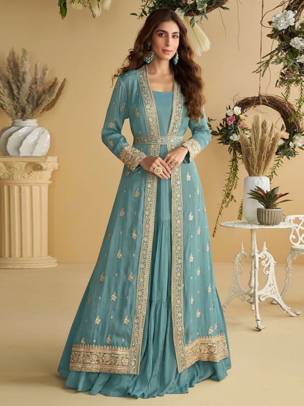 Blue Women's Wear Gown With Embroidered Shrug