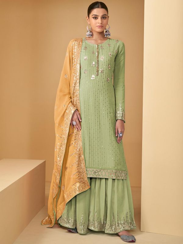 Green Embroidered Sharara Style Salwar Kameez