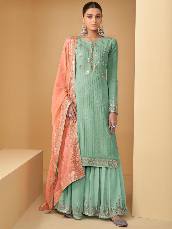 Turquoise Sharara Style Suit With Sequins Embroidery