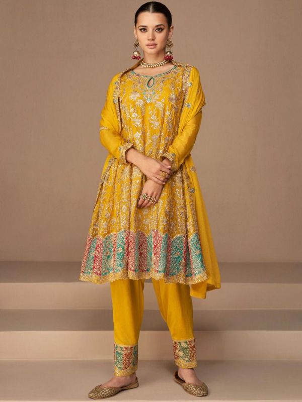 Yellow Embroidered Pant Style Suit Set