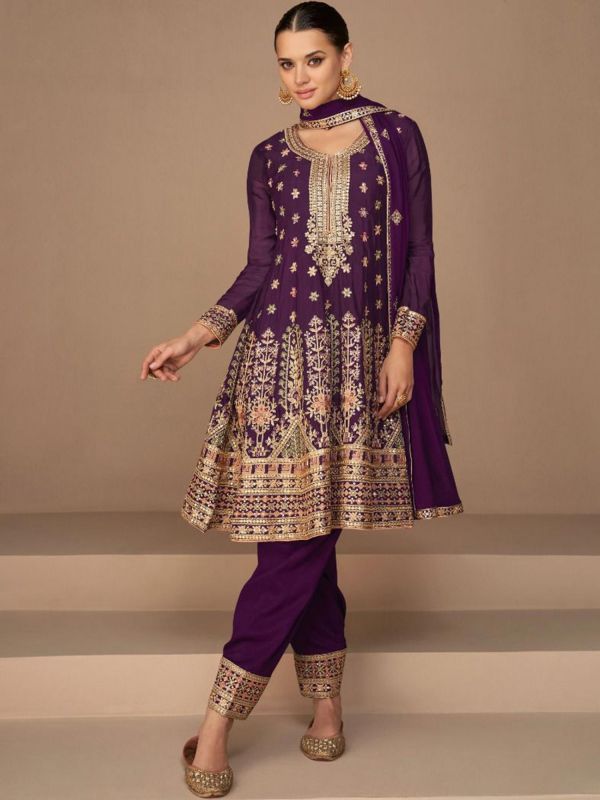 Purple Sequins Embroidered Flared Salwar Kameez