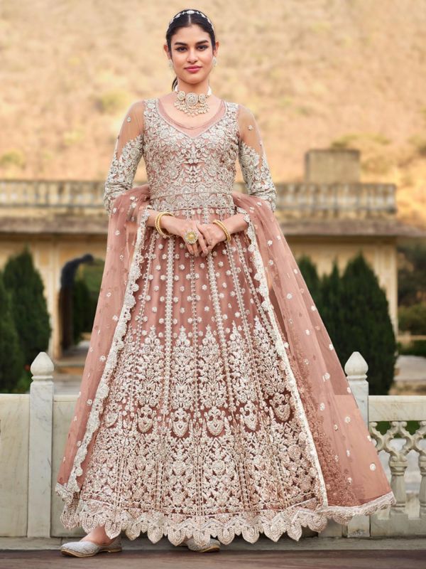 Peach Embroidered Anarkali Salwar Suit In Net