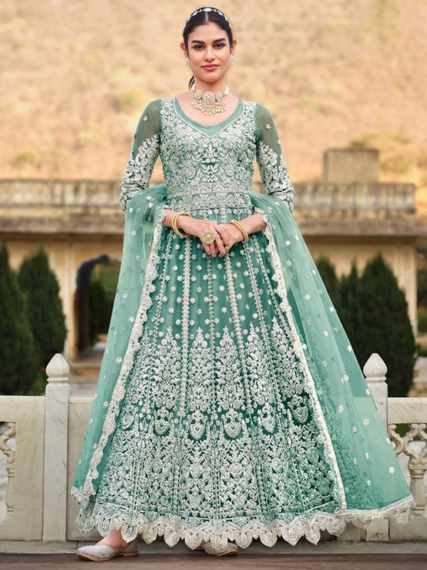 Blue Stone Embellished Anarkali Suit In Net